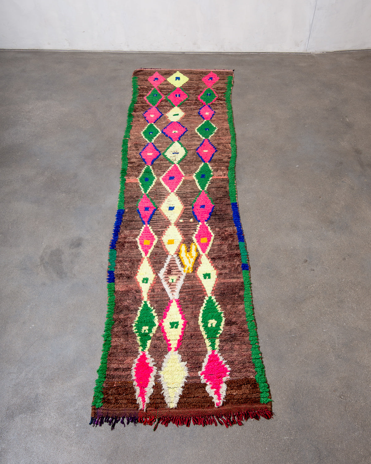 Modern, designer, handcrafted Berber runner rug from Morocco. Vintage carpet with beautiful colours and patterns and fluffy texture.